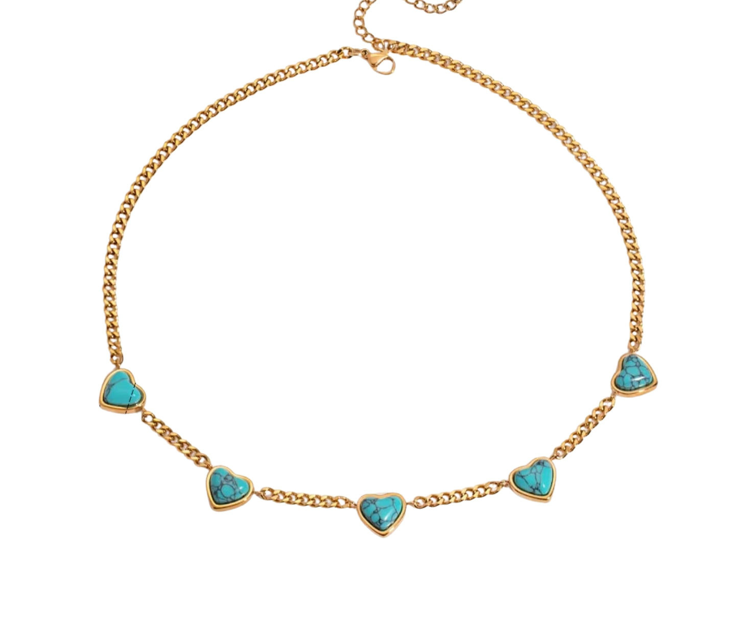 Collar dorado de corazones en color azul turquesa.