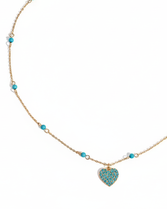 Collar dorado de corazón en color turquesa, de tipo ajustable